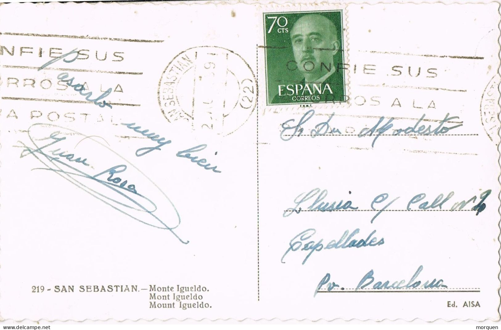 54444. Postal SAN SEBASTIAN 1959. Vista Monte Igueldo - Briefe U. Dokumente