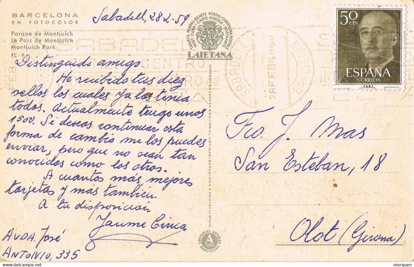 54446. Postal SABADELL (Barcelona) 1959. Vista De Parque De MONTJUICH De Barcelona - Cartas & Documentos