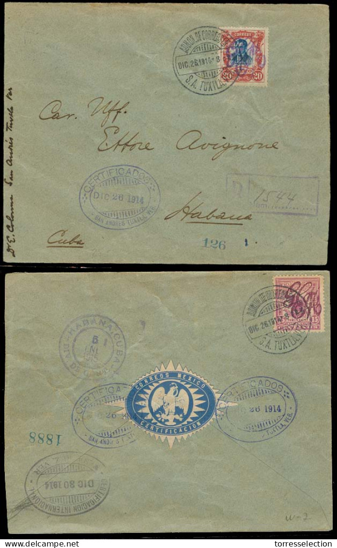 Mexico - XX. 1914 (26 Dic). San Andres Tuxtla, Ver - Cuba. Registered Violet Cachet Ovptd 20c / Cds + Another On Reverse - Messico
