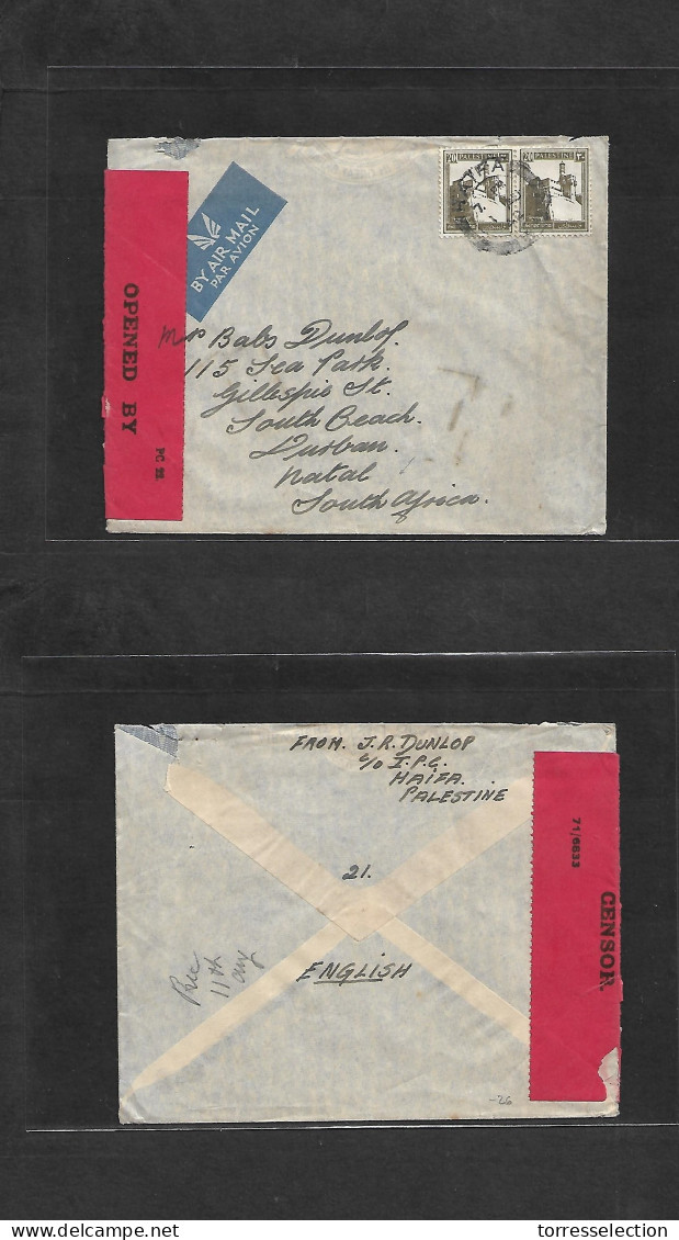 PALESTINE. 1942 (1 Aug) Haifa - South Africa, Durban, Natal. Air Multifkd Env. Red Censor Label + Dest. - Palestine