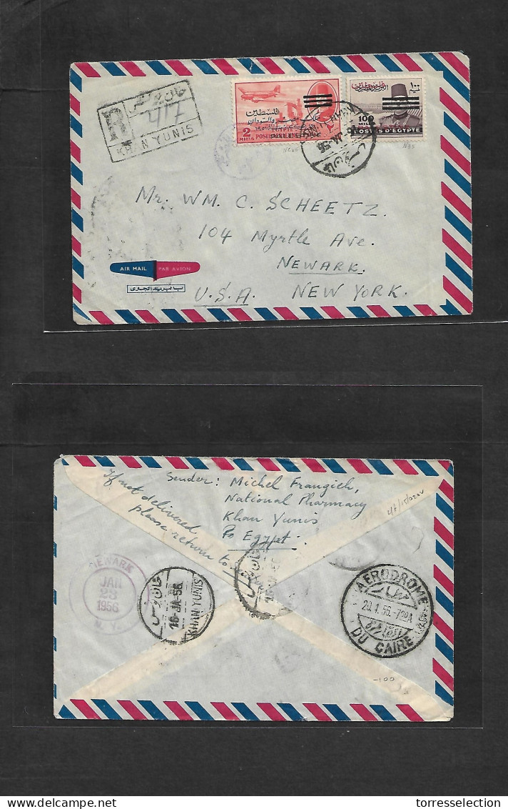 PALESTINE. 1956 (16 Jan) Khan Yunis - USA, NYC, Newark (23 Jan 56) Registered Air Multifkd Egypt Ovptd Issue Envelope Re - Palestine