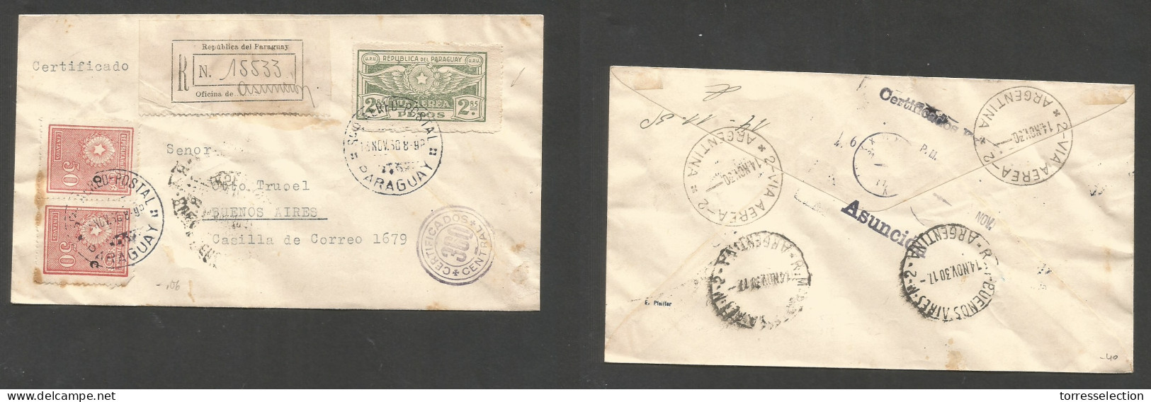 PARAGUAY. 1930 (13 Nov) Asuncion - Argentina, Buenos Aires (14 Nov) Registered Multifkd Env At 3,85 Pesos Rate. VF + Nic - Paraguay