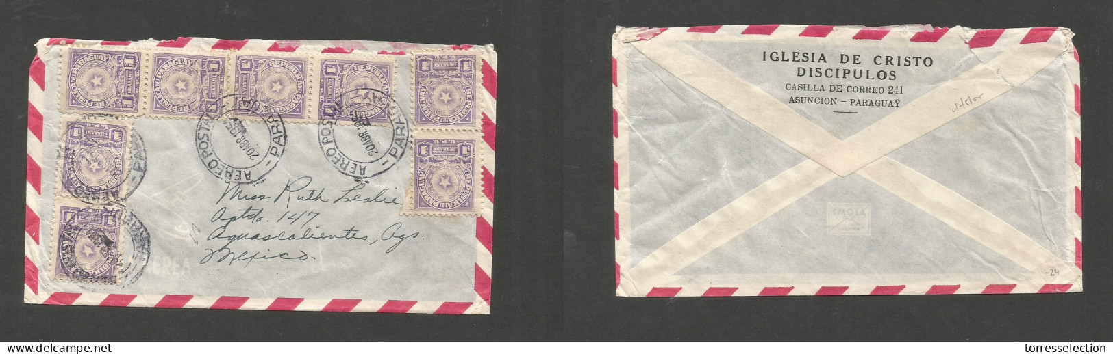 PARAGUAY. 1954 (20 Apr) Asuncion - Aguascalientes, Mexico. Air Multifkd Envelope. Missionary Iglesia De Cristo. - Paraguay