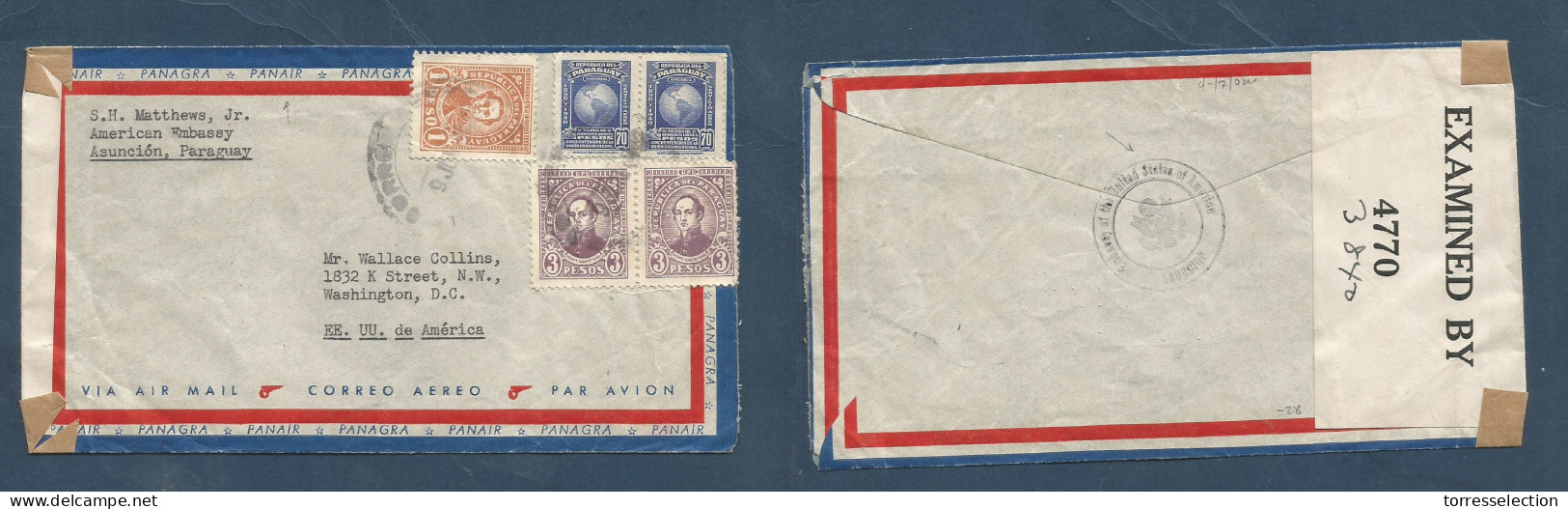 PARAGUAY. 1942 (9 July) US Concular Cachet. Asuncion - USA, Washington. Air Panagra Censored Multifkd Color Envelope Ill - Paraguay