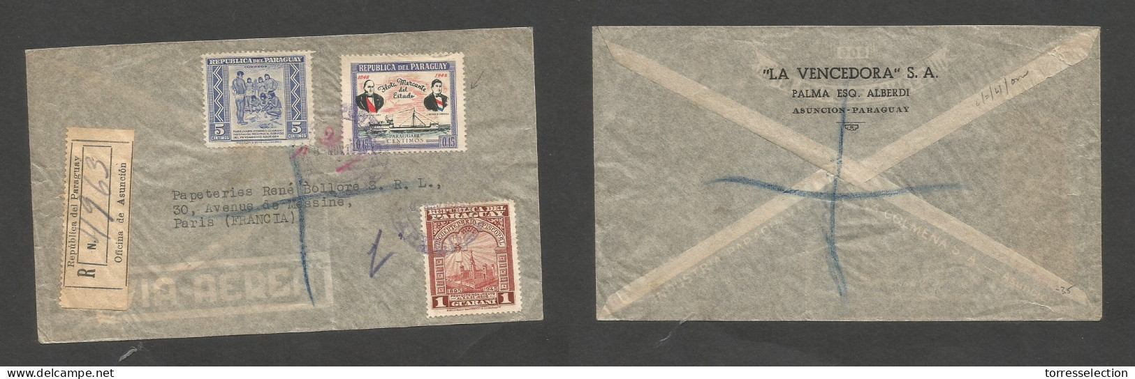 PARAGUAY. 1948. Asuncion - France, Paris. Registered Multifkd Env Incl Flota Meccante 1,20 Guarani Rate, Cds. Fine. - Paraguay