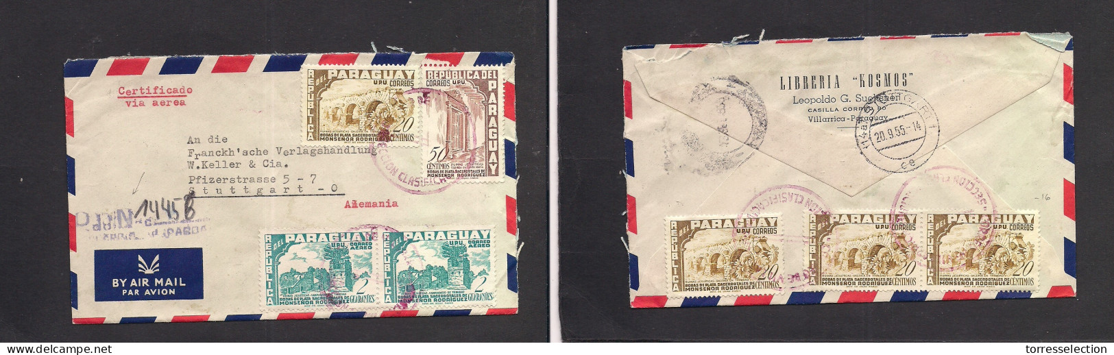 PARAGUAY. 1955. Villarica - Germany, Stuttgart (20 Sept) Registered Air Multifkd Env. Fine. - Paraguay