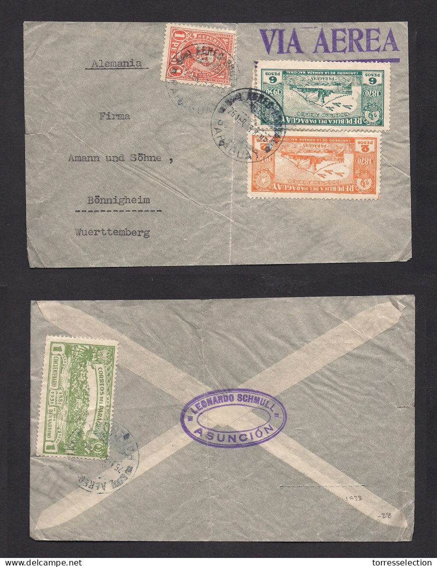 PARAGUAY. 1913 (26 Apr) Asuncion - Germany, Bonningheim, Wurtemberg. Air Multifkd Front And Reverse Env. 10 Pesos Rate. - Paraguay