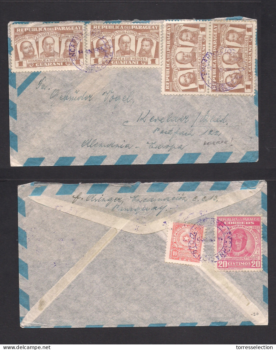 PARAGUAY. 1955 (14 Junio) Encarnación - Kevelaer, Germany. Air Multifkd Front And Reverse Env. Fine. - Paraguay