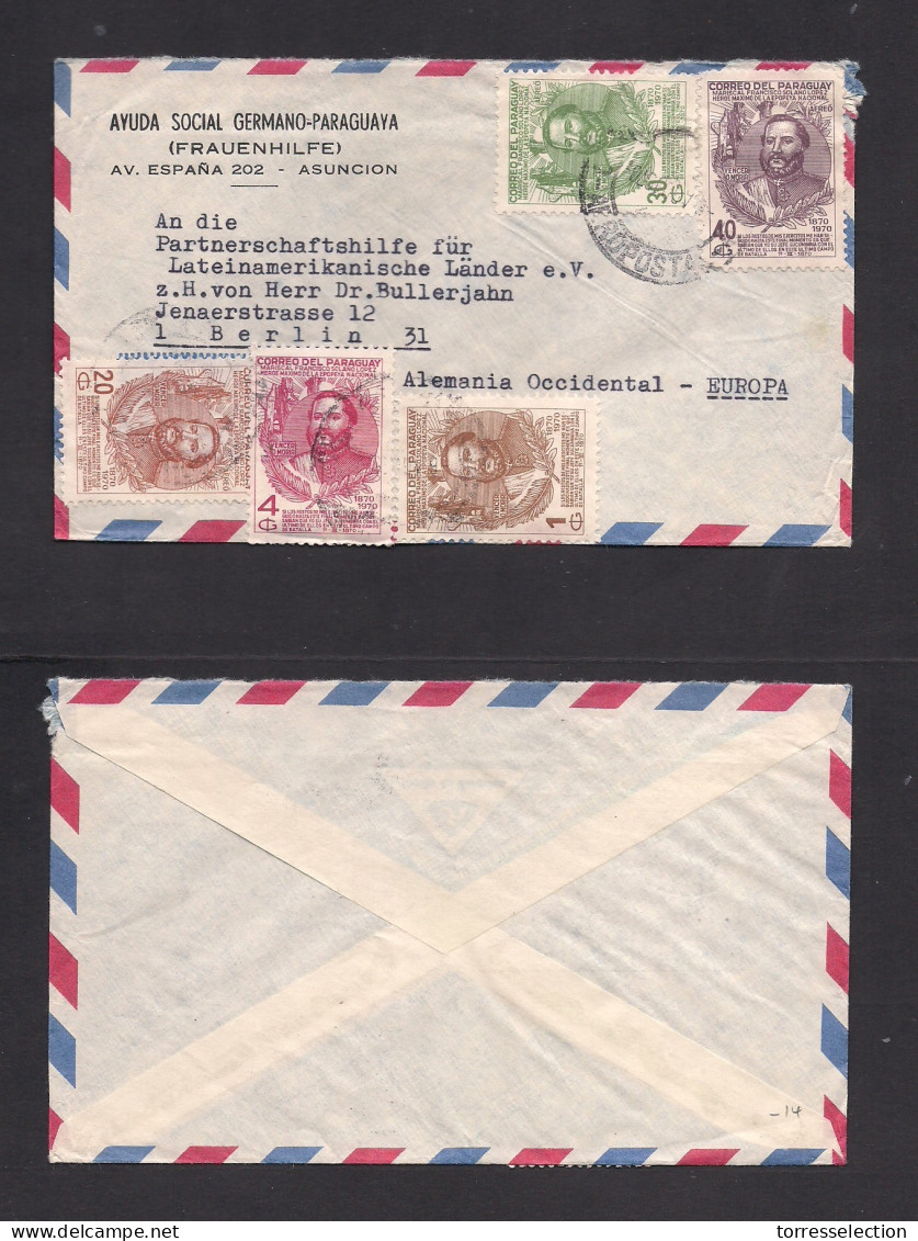 PARAGUAY. 1970. Asuncion - West Germany, Berlin. Air Multifkd Env. Ayuda Social Germania - Paraguaya (Franenhilfe) Inter - Paraguay