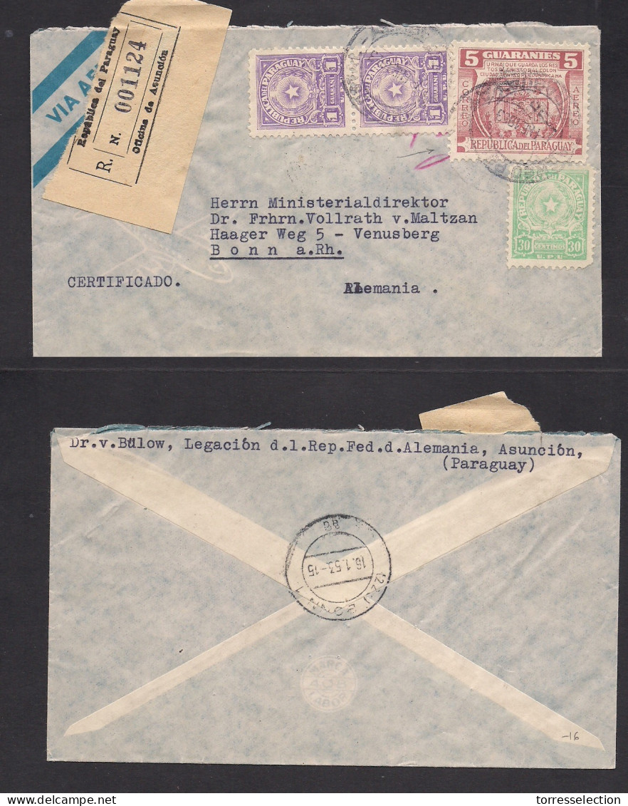 PARAGUAY. 1953 (7 Ene) German Cosular Mail. Asucion - Bern, Germany. Registered Multifkd Airmail Env Incl 5 Guaranies. F - Paraguay