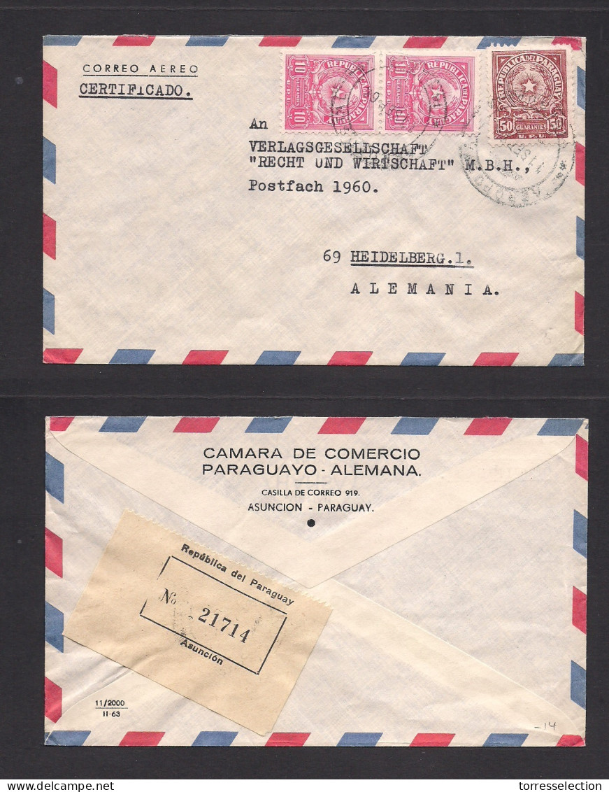 PARAGUAY. 1964 (11 Sept) Asuncion - Germany, Heidelberg. Registered Multifkd Env. Fine. - Paraguay