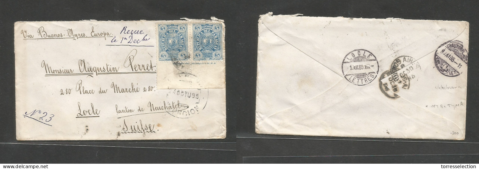 PARAGUAY. 1885 (24 Oct) Asuncion - Switzerland, Lodle (1 Dec) Via Buenos Aires. Fkd Env Pair Of 5c Blue, Lower Margin Bo - Paraguay