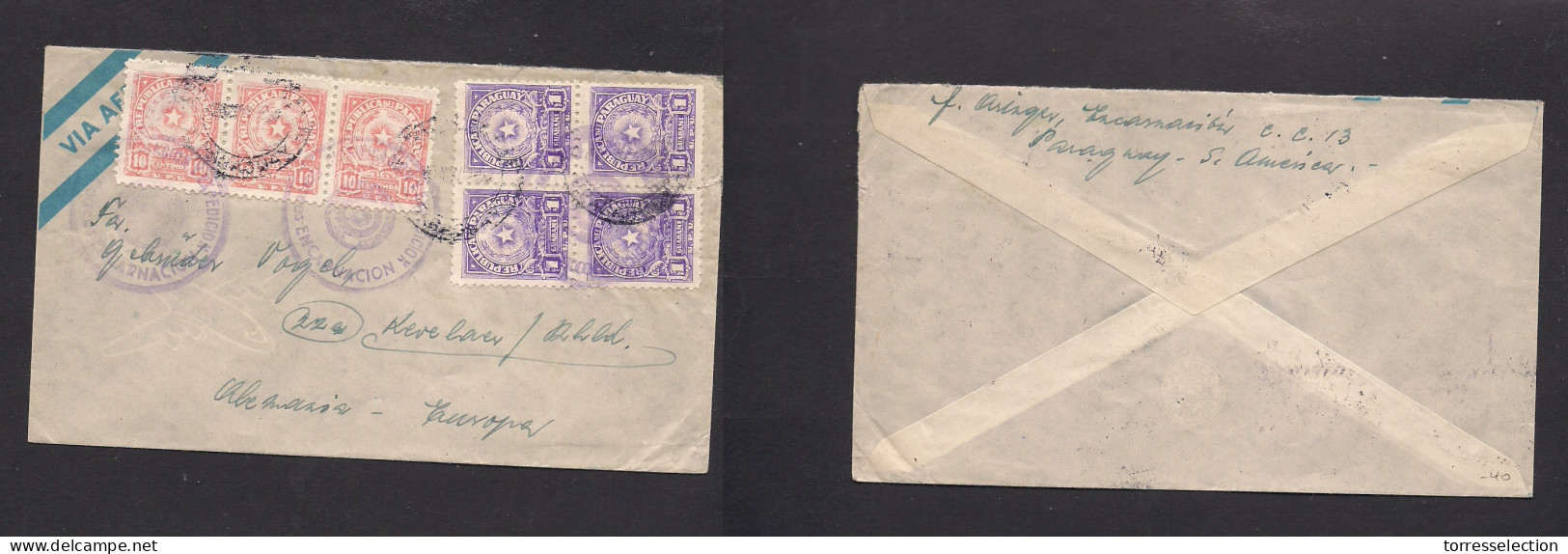 PARAGUAY. 1954. Encarnacion - Germany, Kevelaer. Air Multifkd Env, With Lilac Provisional Cachets. Fine Usage. - Paraguay