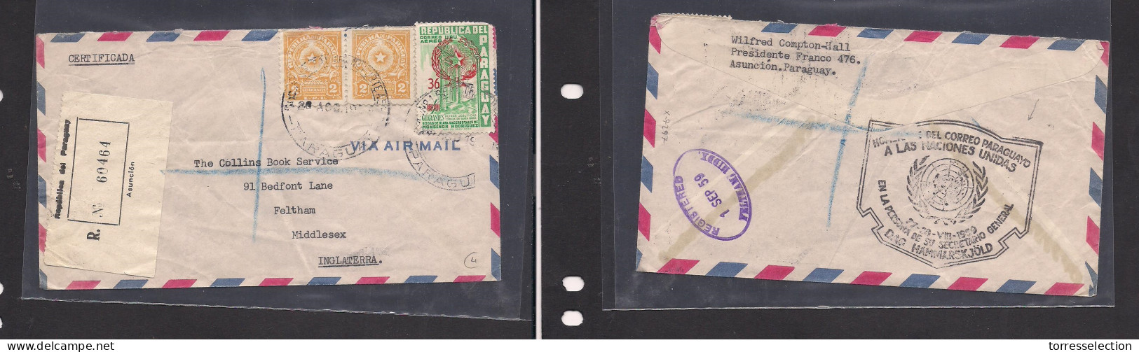 PARAGUAY. Paraguay Cover 1959 Asuncion To UK Feltham Registr Mult Fkd Env Reverse UNO Cachet. Easy Deal. - Paraguay