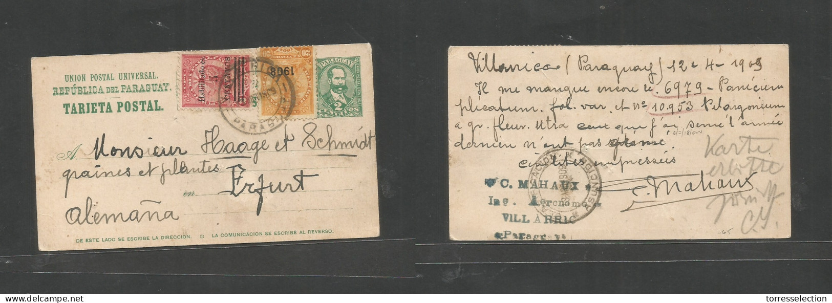 PARAGUAY. 1909 (12 Apr) Villarica - Germany, Erfurt, 2c Green Stat Card + 2 Adtls Ovptd Issues, Tied Cds. Reverse Via As - Paraguay