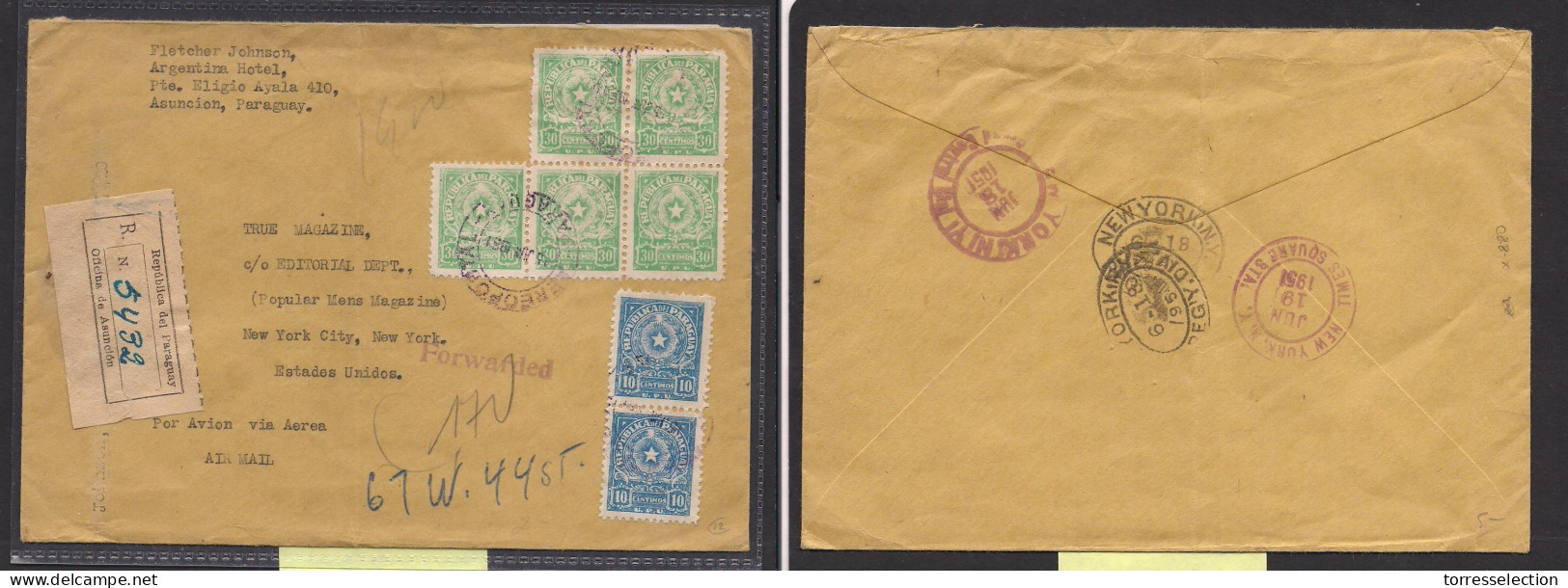 PARAGUAY. Paraguay - Cover - 1951 Asuncion To USA NYC Register Mult Fkd Env, Fwded, Fine. Easy Deal. - Paraguay