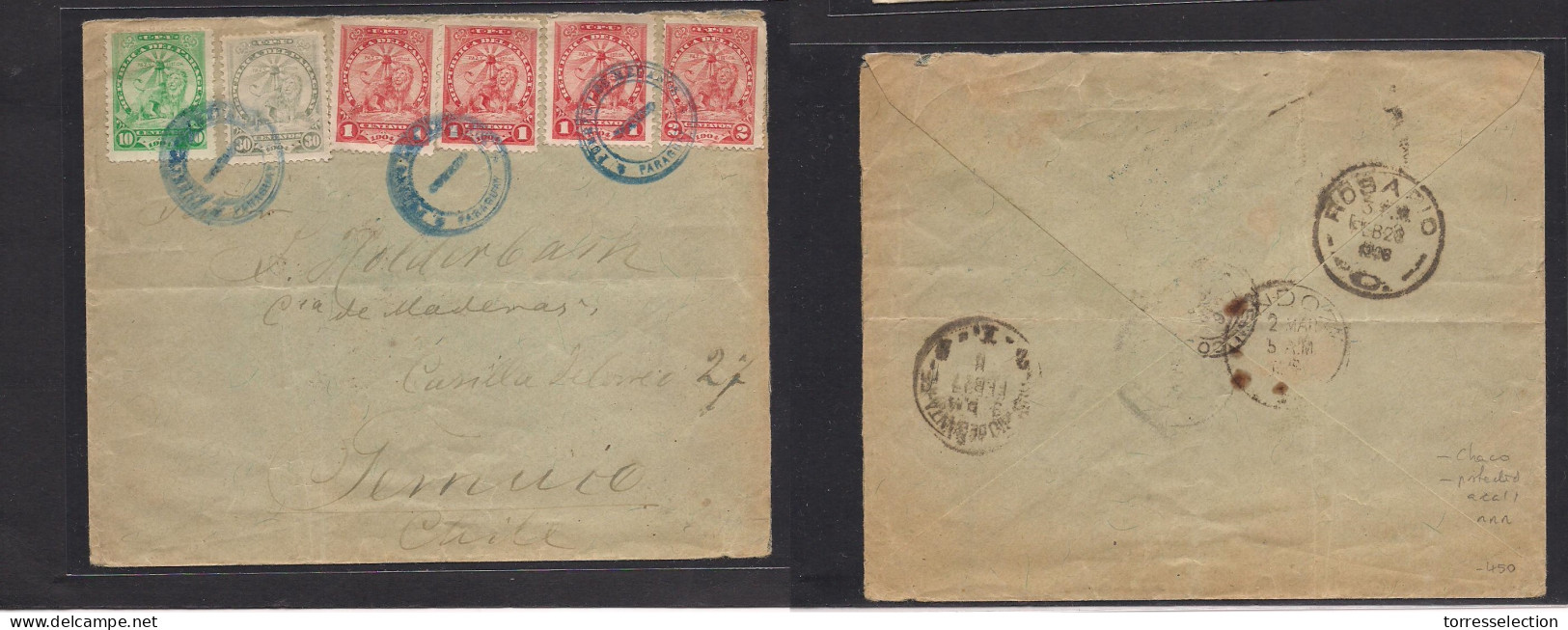 PARAGUAY. 1908 (Febr) Puerto De Medanos - Chile, Temuco (6 March 08) Via Rosario - Mendoza, Santa Fe. Multifkd Envelope, - Paraguay