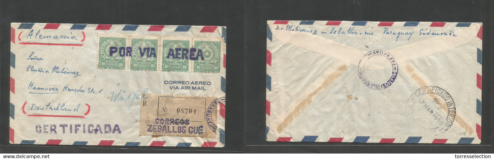 PARAGUAY. 1958 (7 March) Zeballos Qué - Germany, Hannover. Air Registered Multifkd Env + Rare R-label, Tied Violet Cache - Paraguay