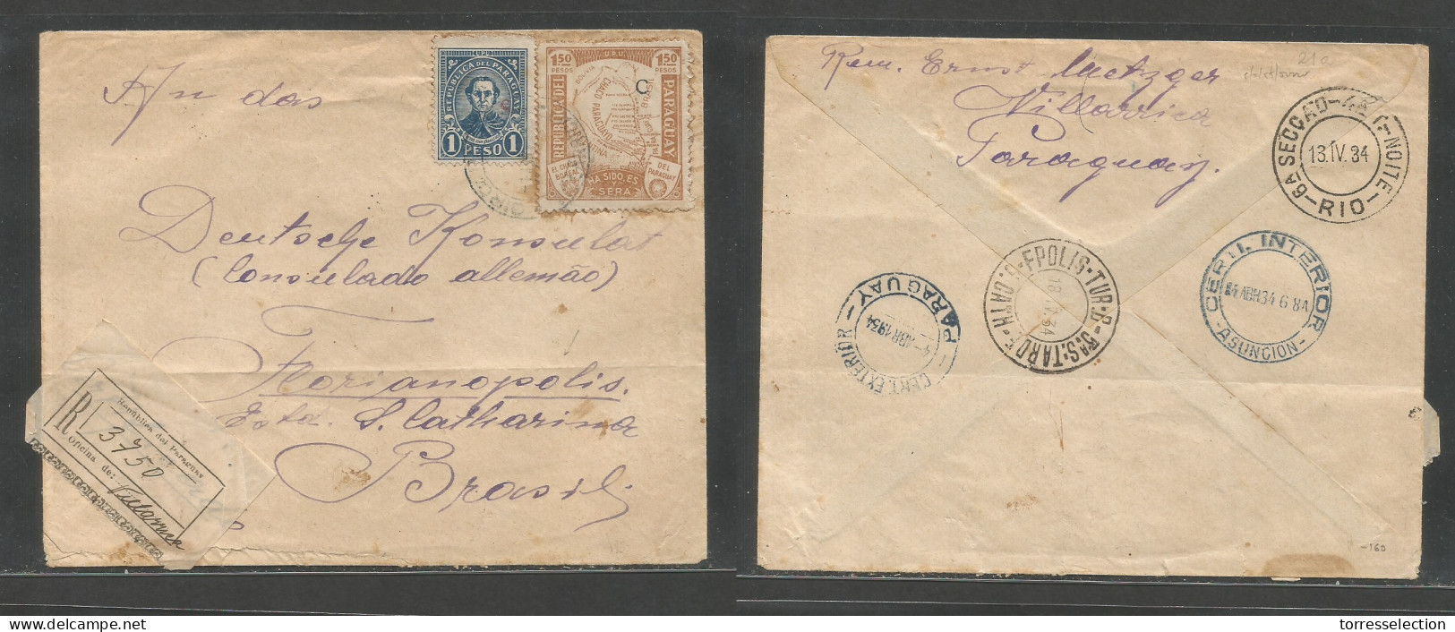 PARAGUAY. 1934 (4 Apr) Villarica - Brazil, Florianopolis (18 Apr) Via Asuncion - RJ Chago Map Issue. Registered Multifkd - Paraguay