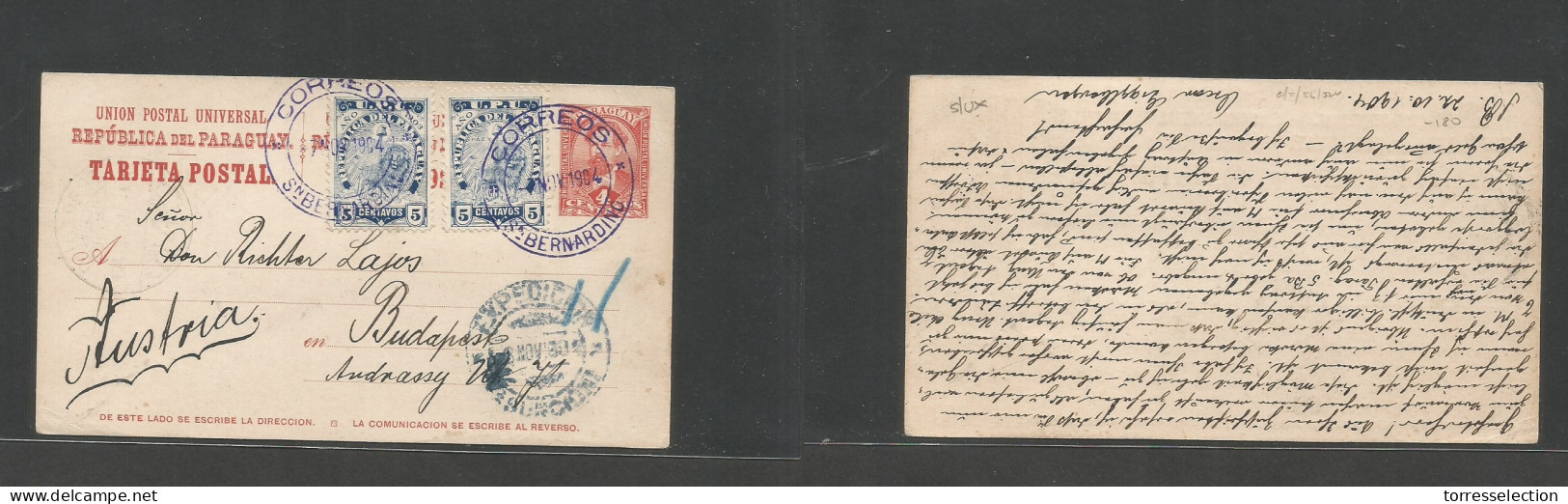 PARAGUAY. 1904 (7 Nov) San Bernardino - Hungary, Budapest. Multifkd 4c Red Early Stationary Card + 2 Adtls, Tied Blue Cd - Paraguay