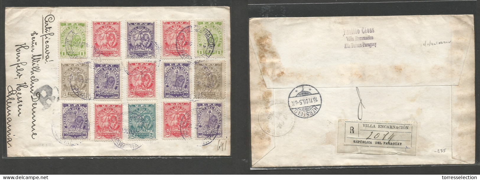 PARAGUAY. 1906 (20 Oct) Villa Encarnacion - Germany, Hersfeld, Hessen (16 Nov) Registered Multifkd Env Lion Issue 15 Val - Paraguay