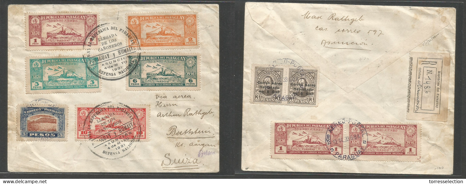 PARAGUAY. 1931 (4 May) Asuncion - Switzerland, Boeltstein, Aargan. Registered Multifkd Comm. Cañonero Issue Envelope, Fr - Paraguay