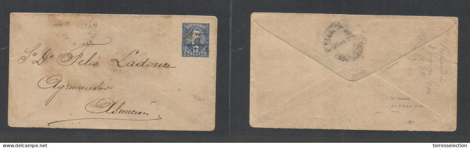 PARAGUAY. 1904 (11 Ene) V. Carion - Asuncion (21 Ene). Local 10c Blue Manuscript Village Cancel (RRR!) VF Arrival Cachet - Paraguay