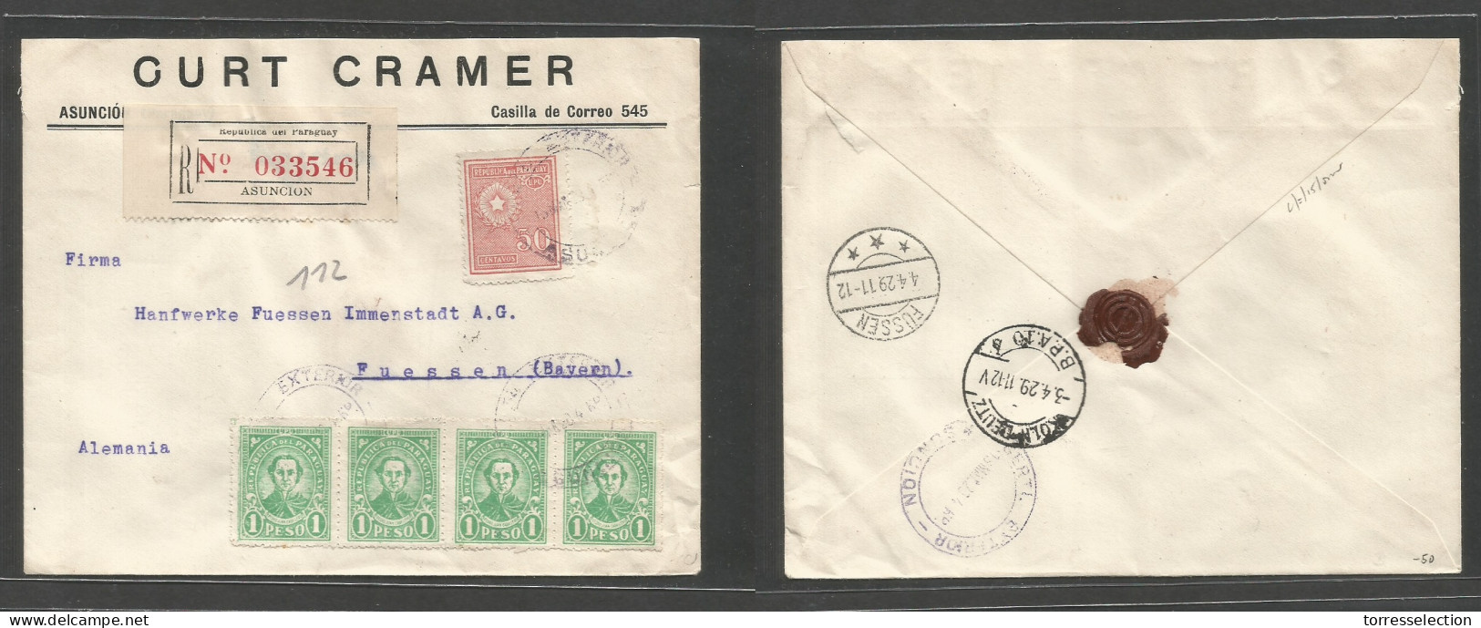 PARAGUAY. 1929 (15 March) Asuncion - Germany, Fuessen (4 Apr) Registered Multifkd Envelope At 4,50 Pesos Rate. 1 Peso Gr - Paraguay