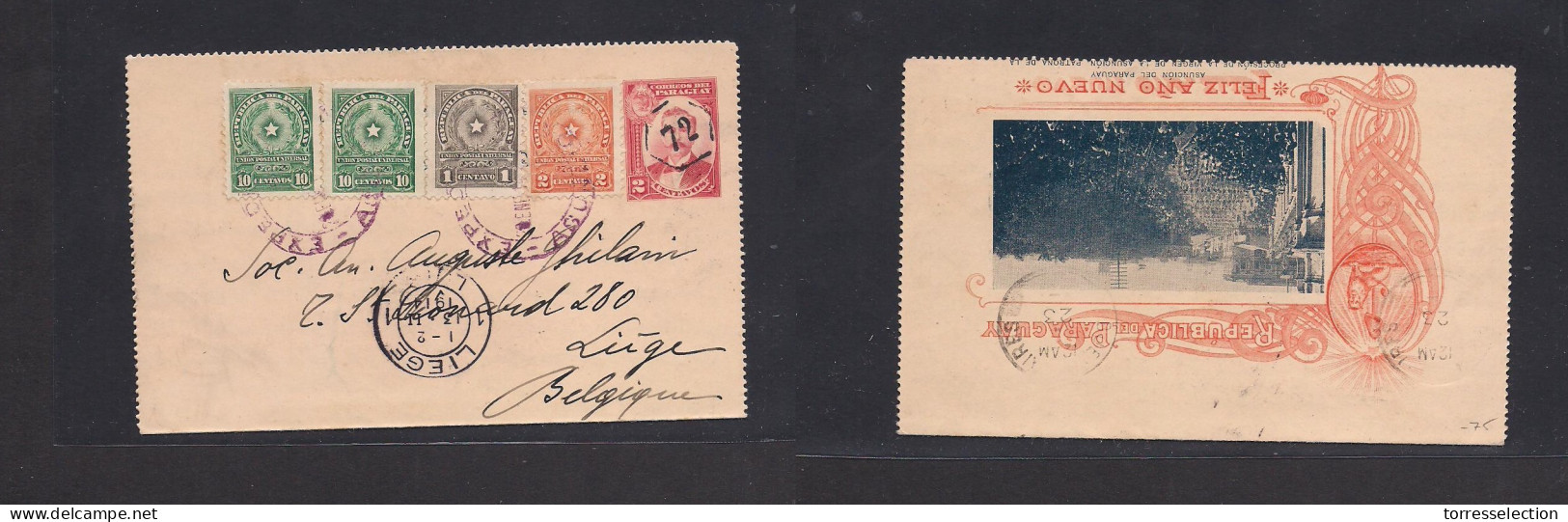 PARAGUAY. 1914 (19 Jan) Asuncion - Belgium, Liege (1 Feb) 2c Red Stat Lettersheet + Four Adtls, Tied Cds. Box Cancel "72 - Paraguay