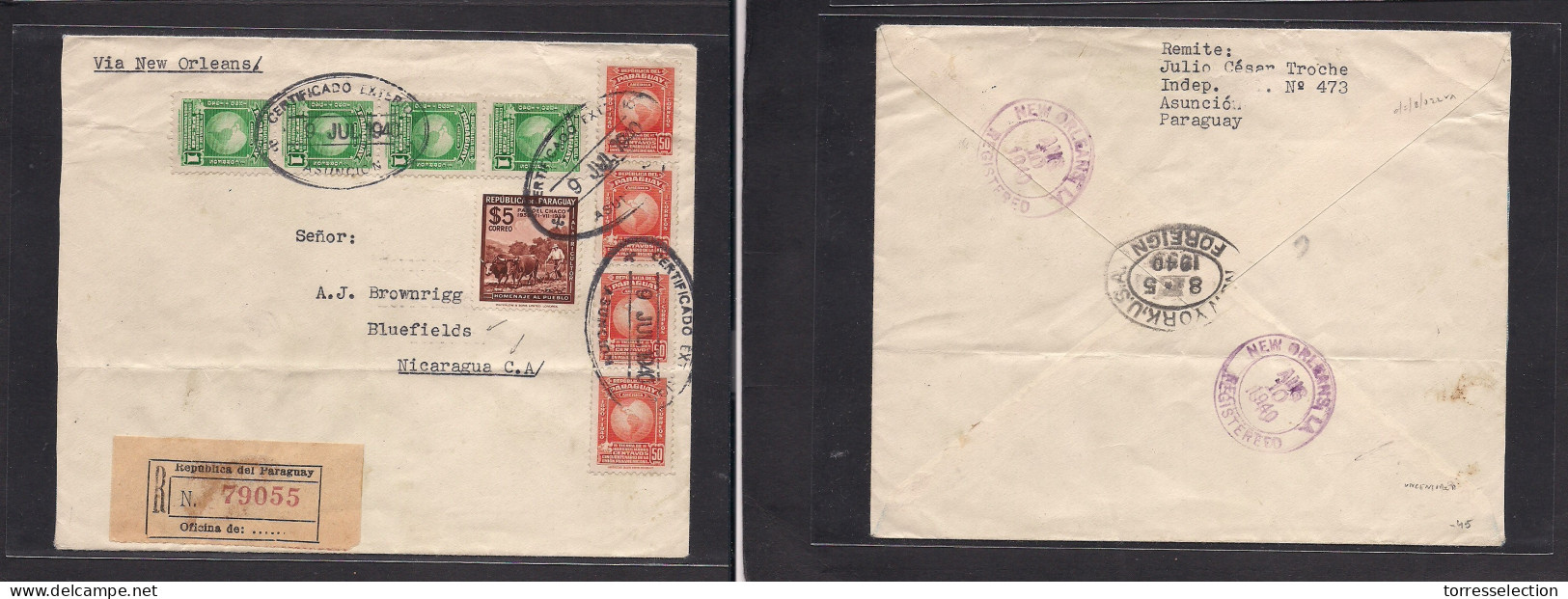 PARAGUAY. 1940 (9 July) Asuncion - Nicaragua, Bluefields Via N. Orleans. Registered Multifkd Env, Includ 5$ Air Paso Del - Paraguay