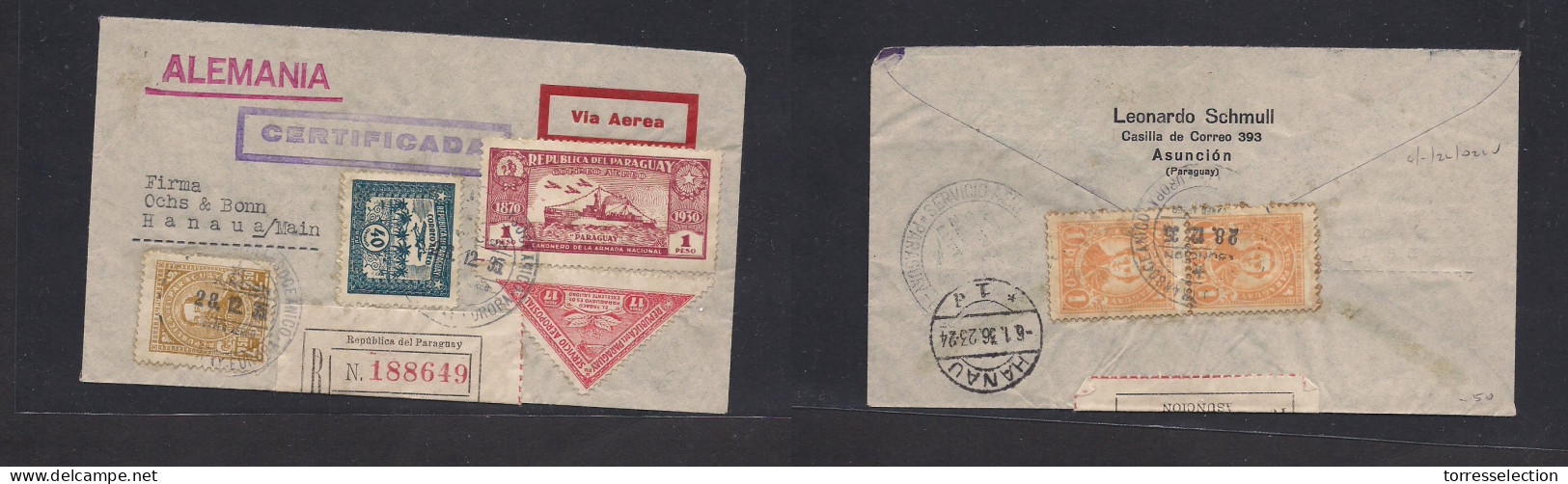 PARAGUAY. 1935 (28 Dec) Asuncion - Germany, Hanau (6 Jan 36) Registered Air Lufthausa Front And Reverse Multifkd Env 22, - Paraguay