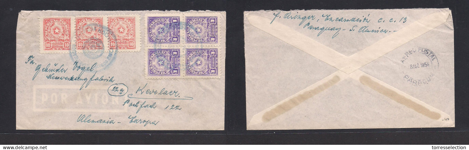 PARAGUAY. 1954 (18 Aug) Encarnación - Germany, Kevelaer. Multifkd Env, Special Provisional Lilac Cachet. Interesting Mul - Paraguay