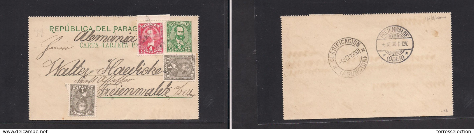 PARAGUAY. 1900 (4 Sept) Asuncion - Germany, Frienwalde (6 Oct) 2c Green Stat Lettersheet + 3 Adtls, Tied Cds. Fine. - Paraguay