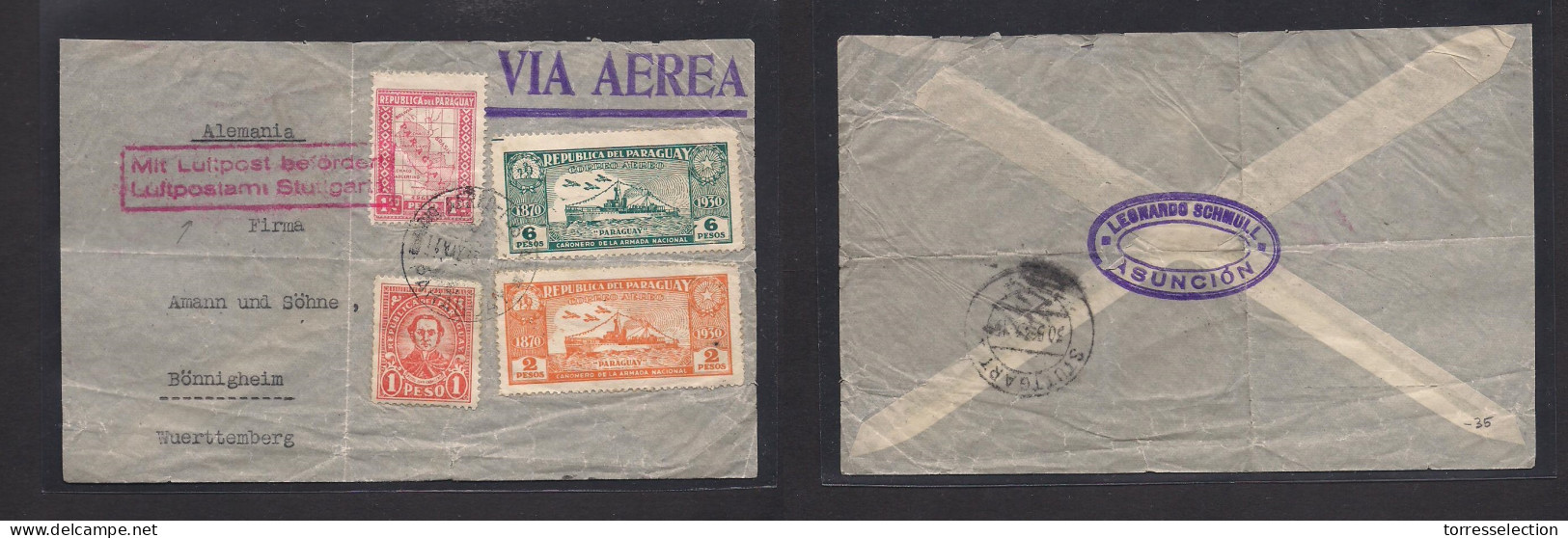 PARAGUAY. 1933 (11 May) Asuncion - Germany, Bonnigheim, Wurttemberg (30 May) Air Multifkd Env. 10,50 Pesos Rate. VF Air  - Paraguay