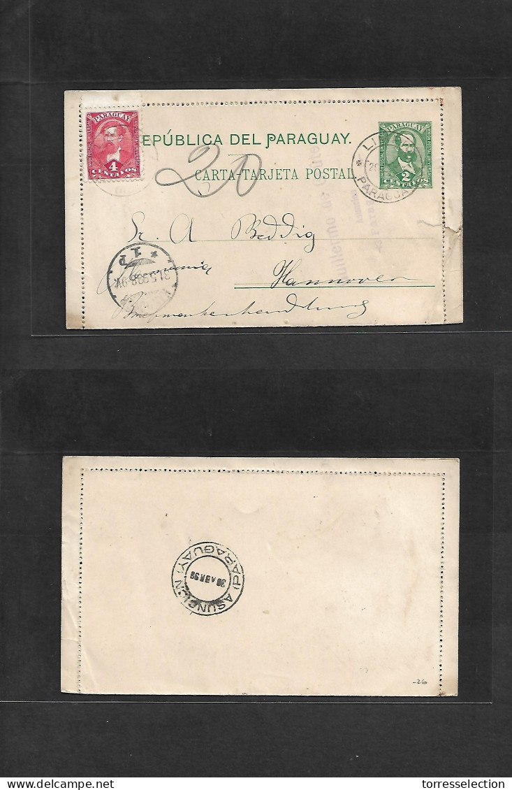 PARAGUAY. 1898 (29 April) Limpio - Germany, Hannover (31 May) 2c Green Stat Lettersheet + Adtl 4c Red Cds. Fine Used Via - Paraguay