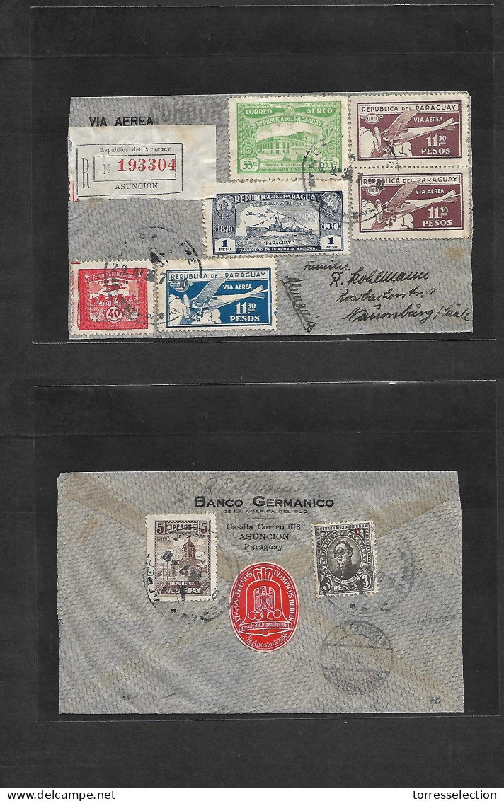 PARAGUAY. 1938 (29 Aug) Asuncion - Germany, Naumberg. Registered Air Multifkd Env, Hugh 43,33 Pesos Rate, Reverse Transi - Paraguay