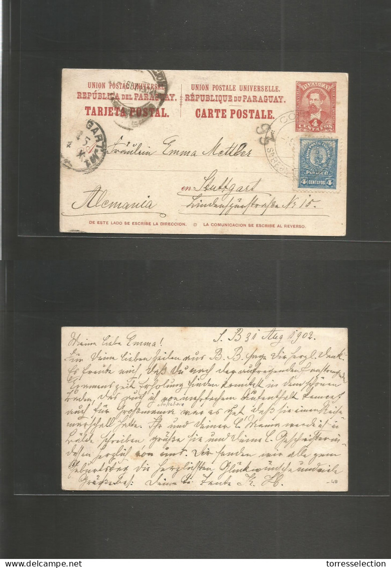 PARAGUAY. 1902 (31 Aug) San Bernardino - Germany, Stuttgart (4 Oct) 4c Red Stat Card + Adtl Blue Cds. VF. - Paraguay