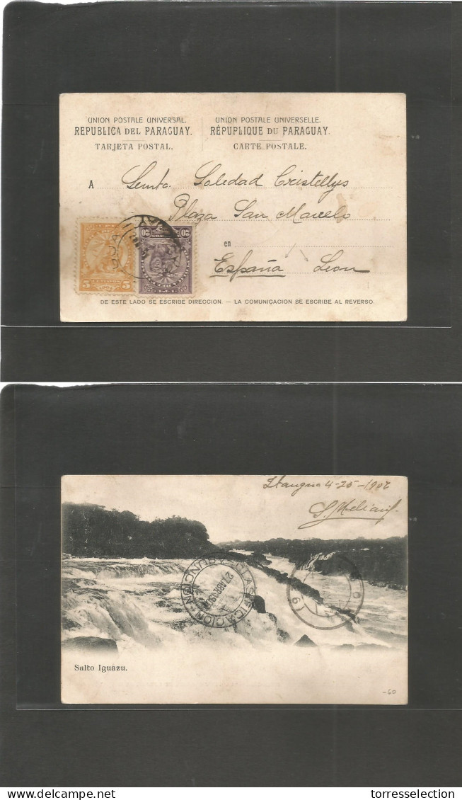 PARAGUAY. 1907 (25 April) Itagua - España, Leon (14 Mayo) Fkd Catarata Photo Card, Cds. Better Destination. - Paraguay