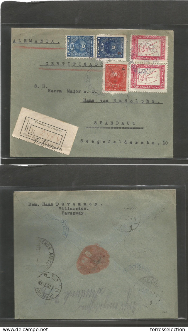 PARAGUAY. 1926 (21 Febr) Villarica - Germany, Spandau (25 March) Registered Multifkd Envelope, Incl Map Issue + "C" Ovpt - Paraguay