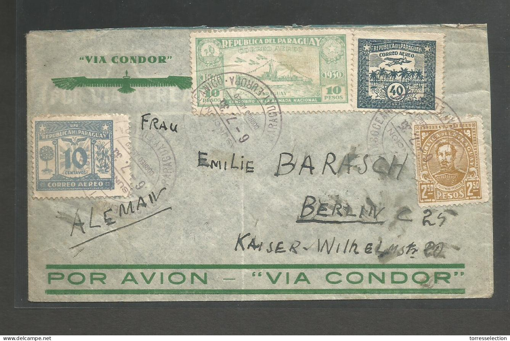 PARAGUAY. 1935 (6 July). Asuncion - Germany, Berlin. Via Ai Condor Air Mutifkd Env Lilac Air Paraguay Europe Interoceani - Paraguay