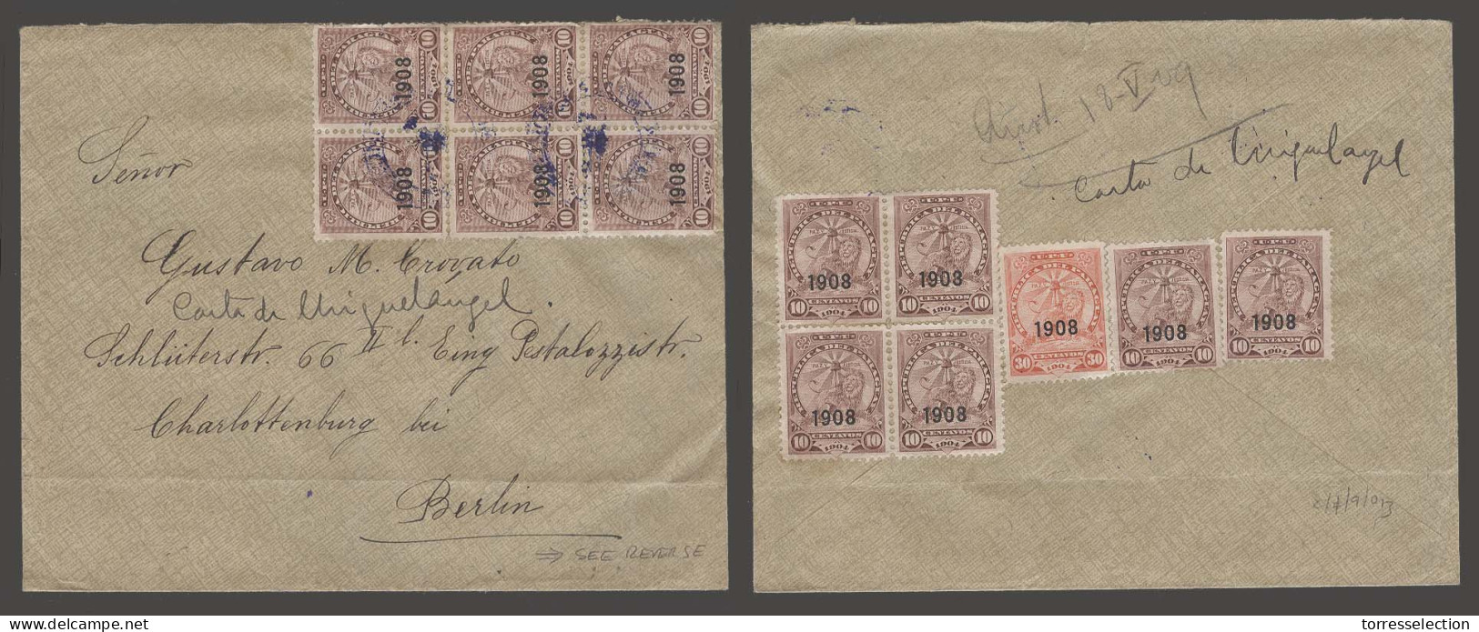 PARAGUAY. 1909 (April). Asuncion - Germany. Multifkd Env 1908 Ovptd Issue On Front + Reverse. 1 Peso 50c Rate. Incl 10c  - Paraguay