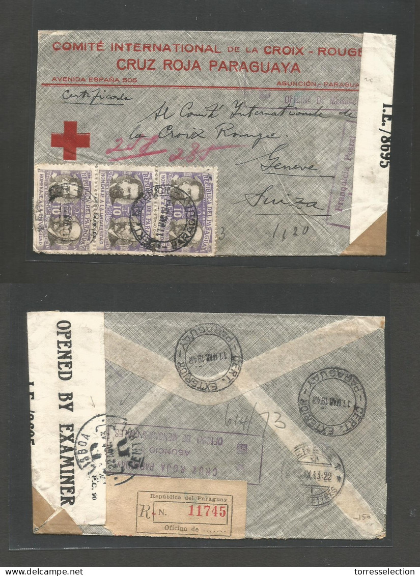 PARAGUAY. 1942 (11 March) Asuncion - Switzerland, Geneve (5 Sept) Paraguay Red Cross WWII. Printed Registered Multifkd E - Paraguay