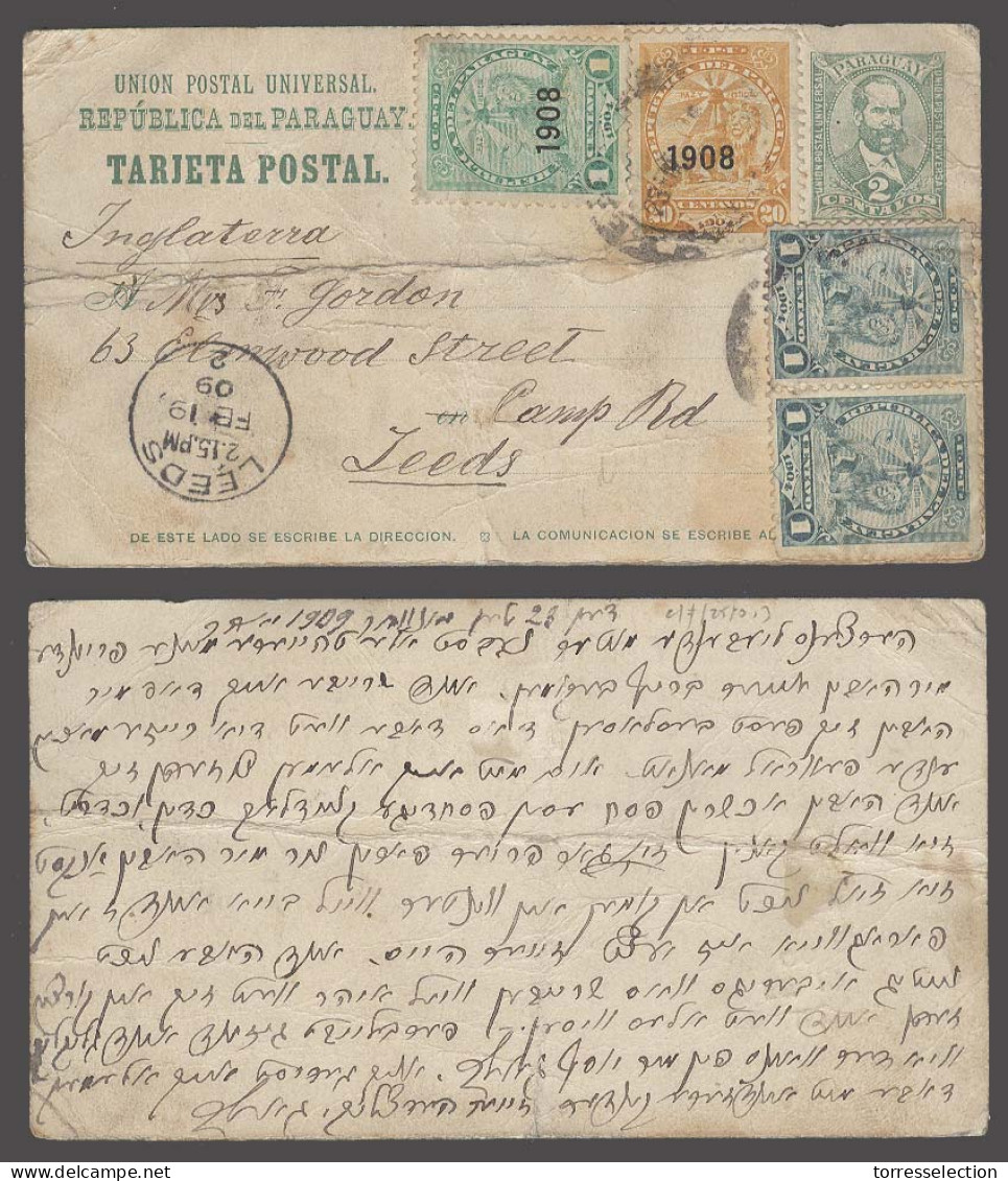 PARAGUAY. 1909 (23 Jan). Asuncion - UK / Leeds (19 Feb). 2cts Green Stat + 4 Adtl Stamps / Mixed Issues Incl 1908 Ovptd  - Paraguay