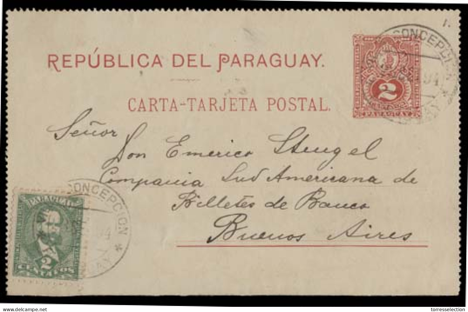 PARAGUAY. 1894 (23 Sept). Villa Concepcion - Argentina. 2c Red Stat Lettersheet + Adtl. Via Asuncion (24 Sept). - Paraguay