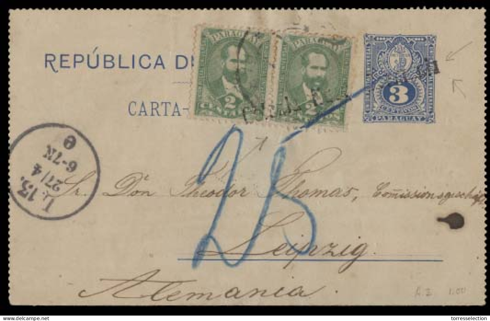 PARAGUAY. 1896 (March). Colonia Nueva Germania - Leipzig / Germany. 3c Blue Stat Lettersheet + 2 Adtls Stline Colonia Nu - Paraguay