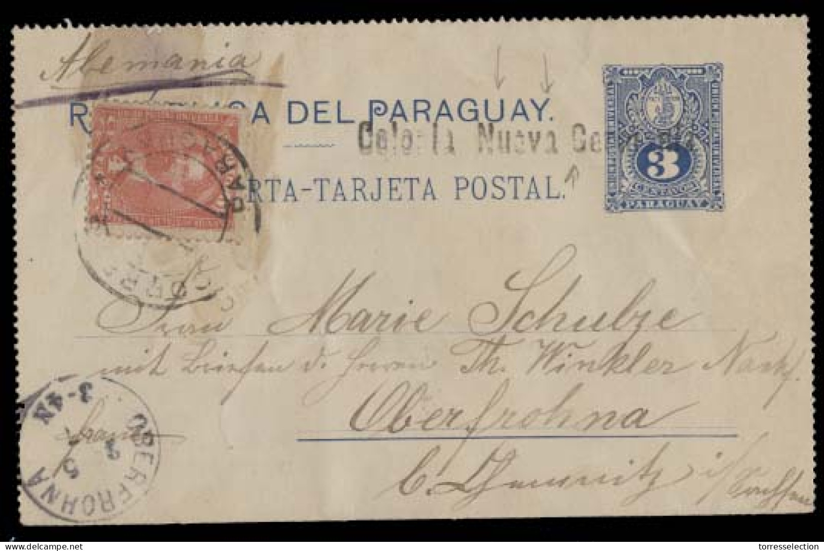 PARAGUAY. 1897 (24 March). Colonia Nueva Germania - Germany. 3c Blue Stat Letter Sheet + 4c Adtl Stline (xxx / R). Stamp - Paraguay