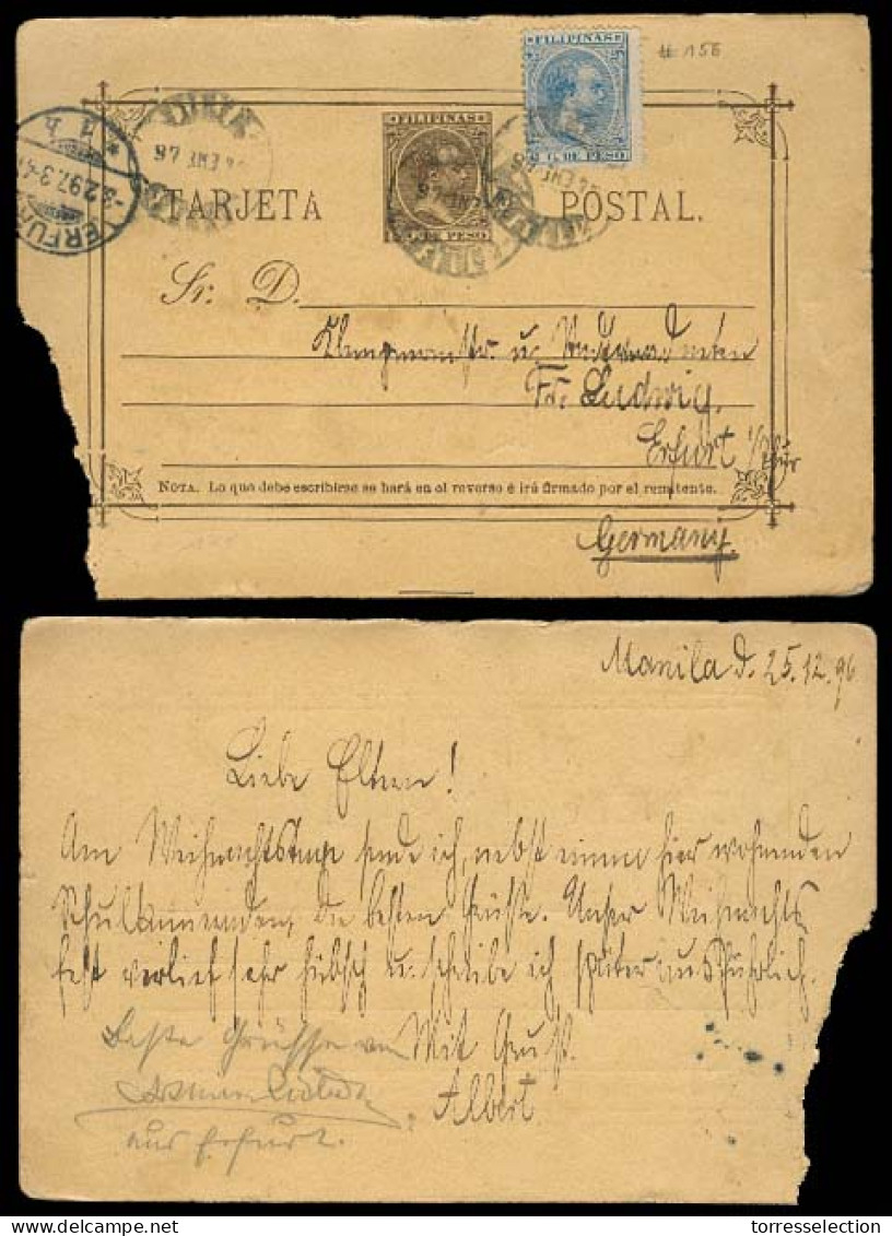 PHILIPPINES. 1897 (Jan). Manila - Germany. 3c Stat Card + 2c Adtls. Corner Damaged Outside Of Drawing Arca. V. Scarce. - Philippines