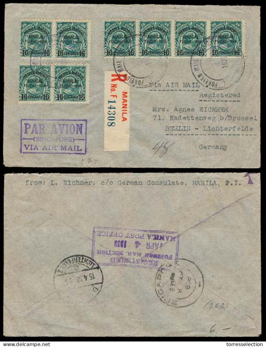 PHILIPPINES. 1938. Manila - Germany. Registered Multifkd Env. Arnacal Special Flight Ovpt 16c X8 Stamps. Special Cachet  - Philippines