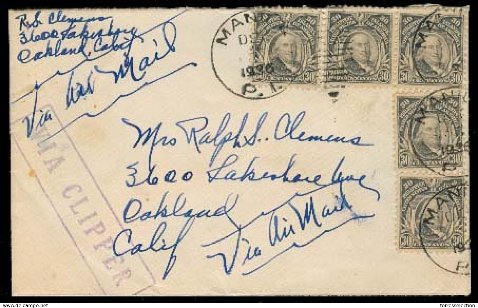 PHILIPPINES. 1936. Manila - USA / California. Fkd Env 1$ 50c. Via Clipper. - Philippines