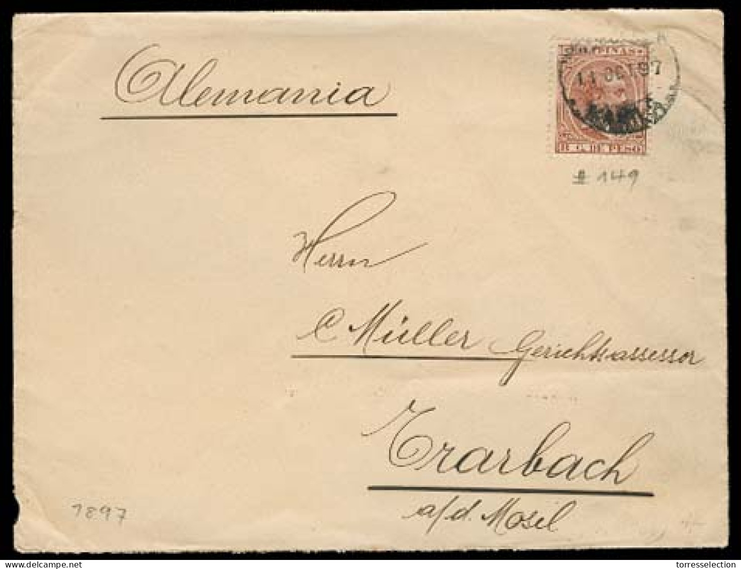 PHILIPPINES. 1897 (11 Oct) . Manila - Germany. TRARBACH. Env Fkd 8c Cds + Arrival. F- VF. - Philippines